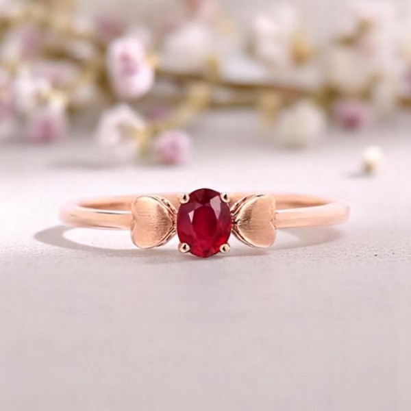 Oval Red Ruby 14K Solid Gold Heart Ring SS0418