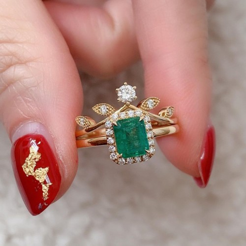 Natural Emerald & Diamond 2 PCS Set Rings SS0034