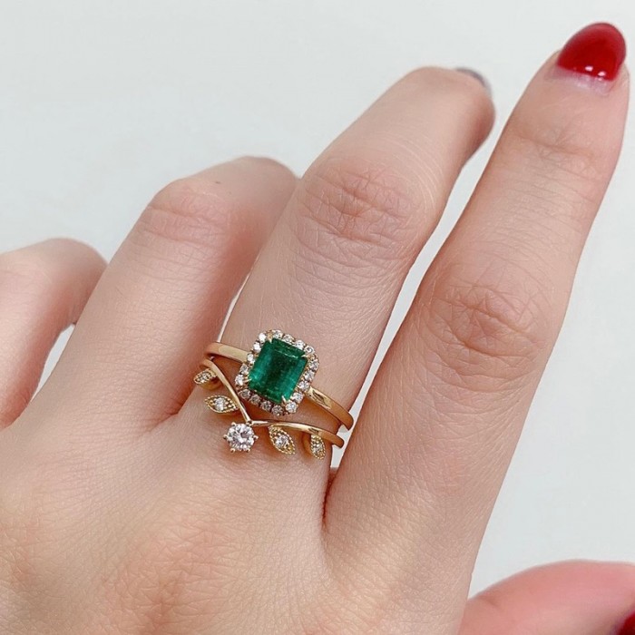 Natural Emerald & Diamond 2 PCS Set Rings SS0034