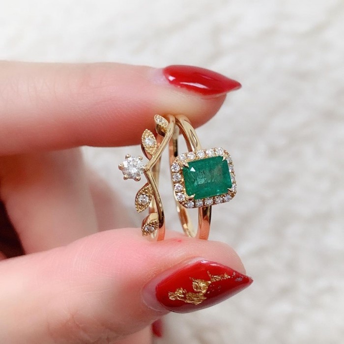 Natural Emerald & Diamond 2 PCS Set Rings SS0034