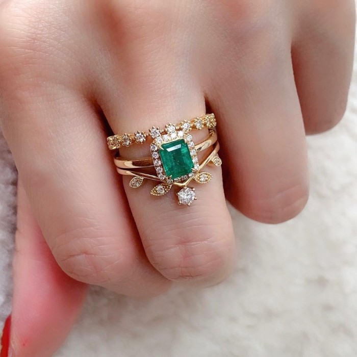 Natural Emerald & Diamond 2 PCS Set Rings SS0034